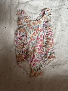 Floral Ruffle Kids One-Piece Swimsuit - Pink & Cream